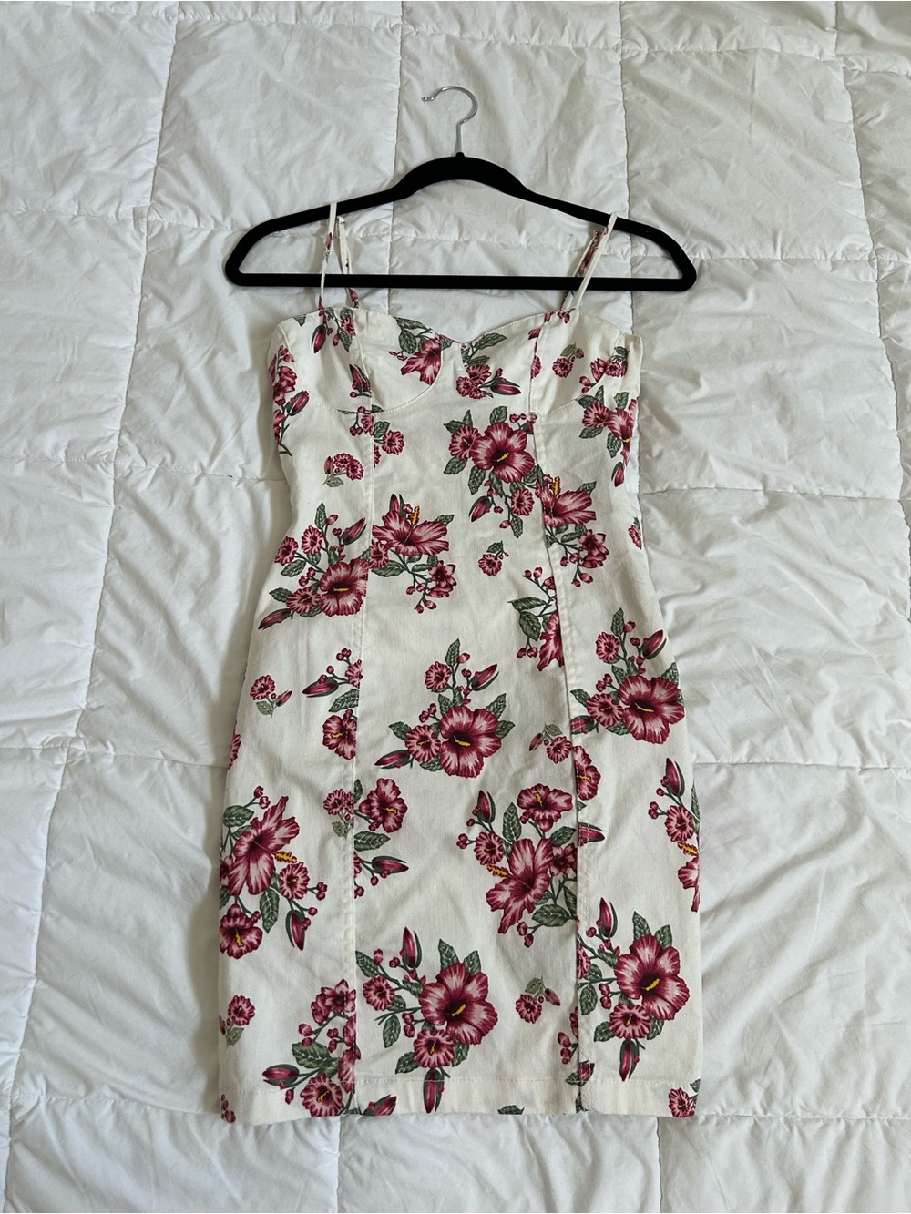 Divided Cream Mini Dress with Pink Floral Print